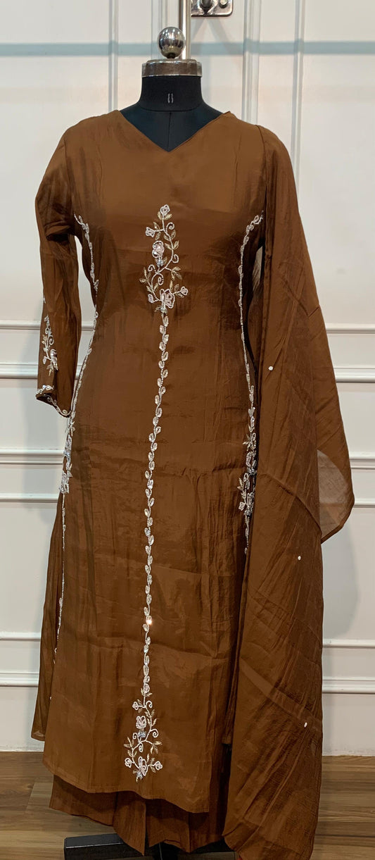 Chocolate Charm – Mull Chanderi A-Line 3 Piece Suit Set (RT1669)