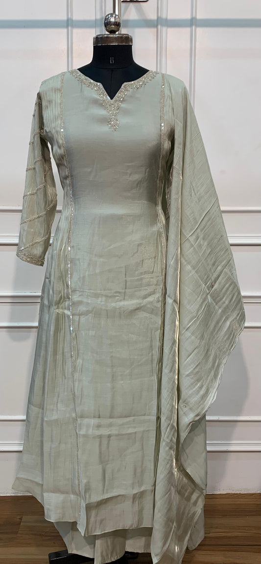 Sage Serenity – Shimmer Mull Chanderi A-Line 3 Piece Suit Set (RT1666)