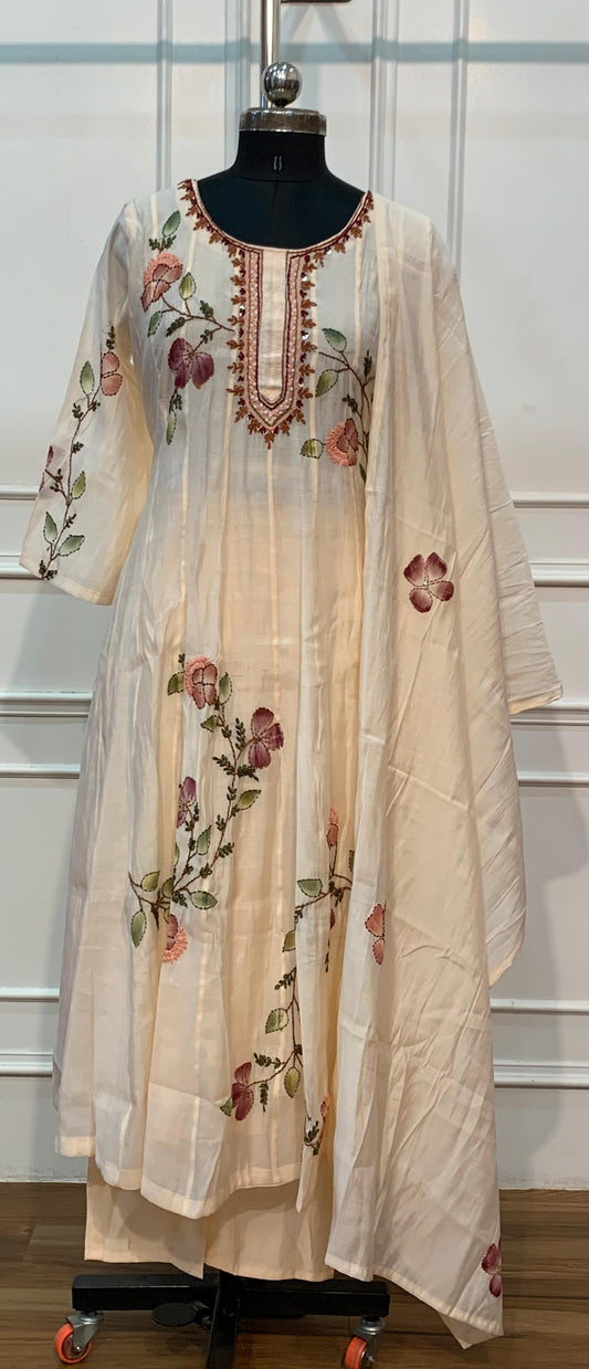 Ivory Bloom Floral Embroidered Premium Mull Chanderi Anarkali Suit Set (RT1674)