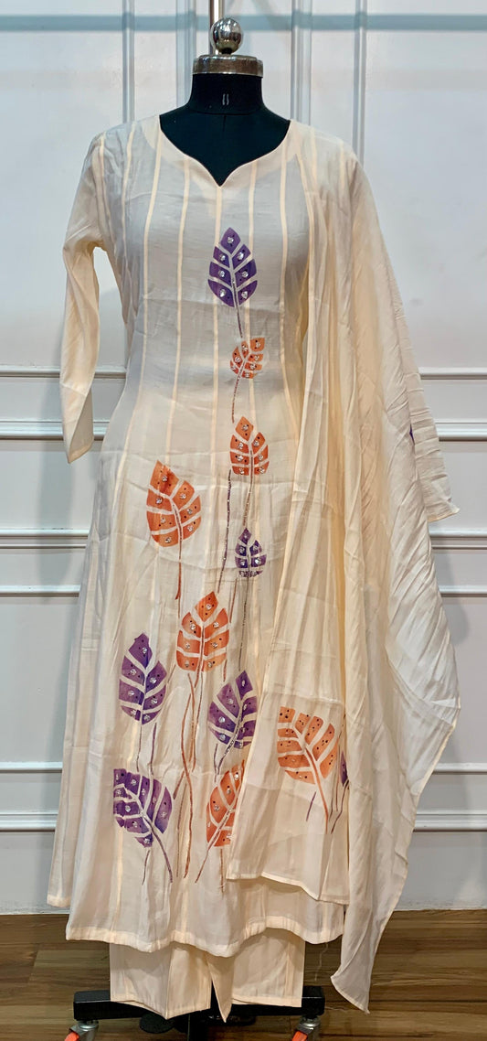Ivory Autumn Leaf Motif Embellished Premium Mull Chanderi Anarkali Suit Set (RT1676)