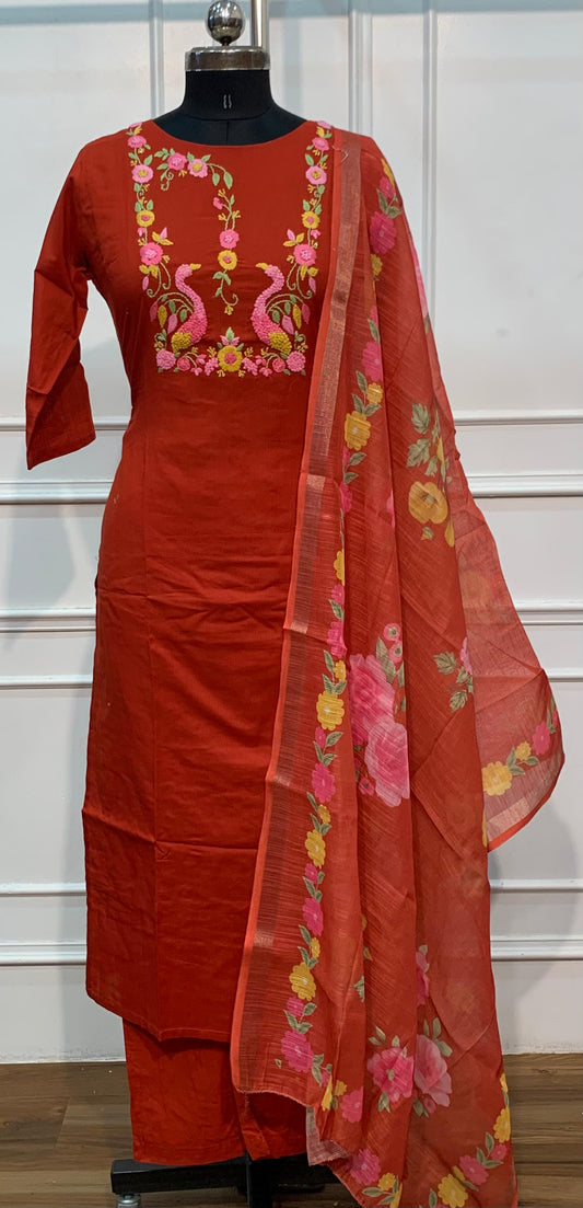 Rust Orange Mull Chanderi Straight Cut 3-Piece Set with Embroidered Yoke & Floral Dupatta (RT1685))
