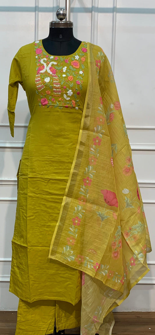 Lime Green Mull Chanderi Straight Cut 3-Piece Set with Floral Embroidery (RT1690)