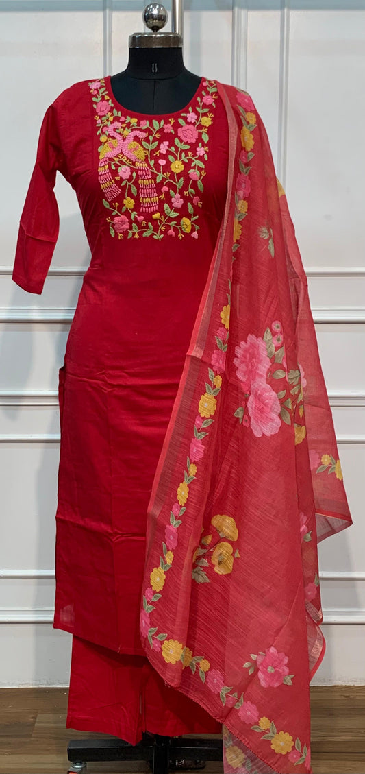 Red Mull Chanderi Straight Cut 3-Piece Set with Floral Embroidered Yoke & Printed Dupatta (RT1689)