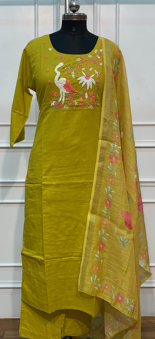 Lime Green Mull Chanderi Straight Cut 3-Piece Set with Bird & Floral Embroidery (RT1687)