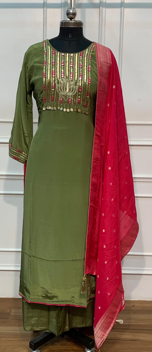 Olive Green Embroidered HO Fabric Straight Cut Suit Set (RT1693)