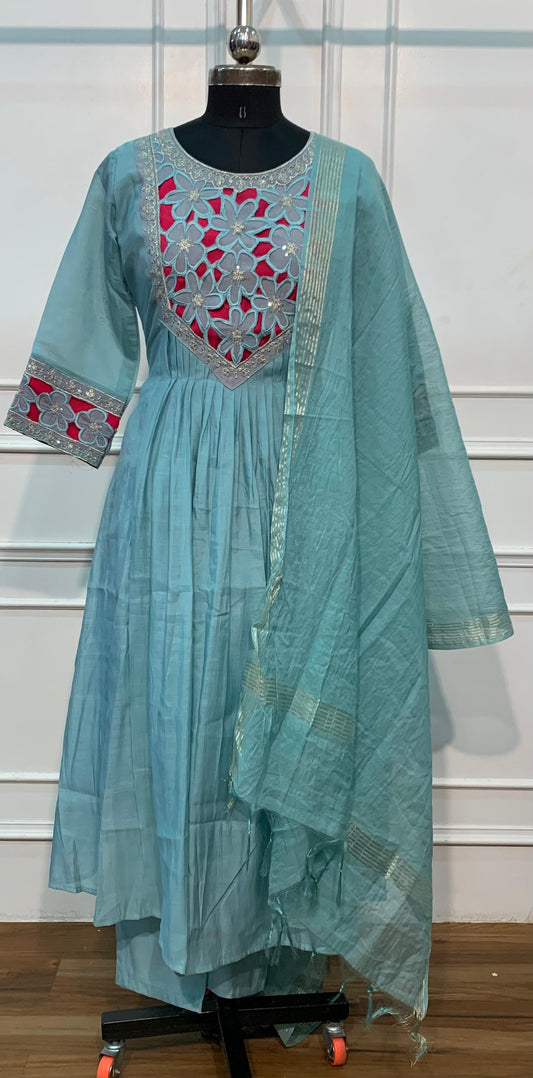 Ocean Teal Floral Embroidered Poly Mull Chanderi A-Line Suit Set (RT1696)