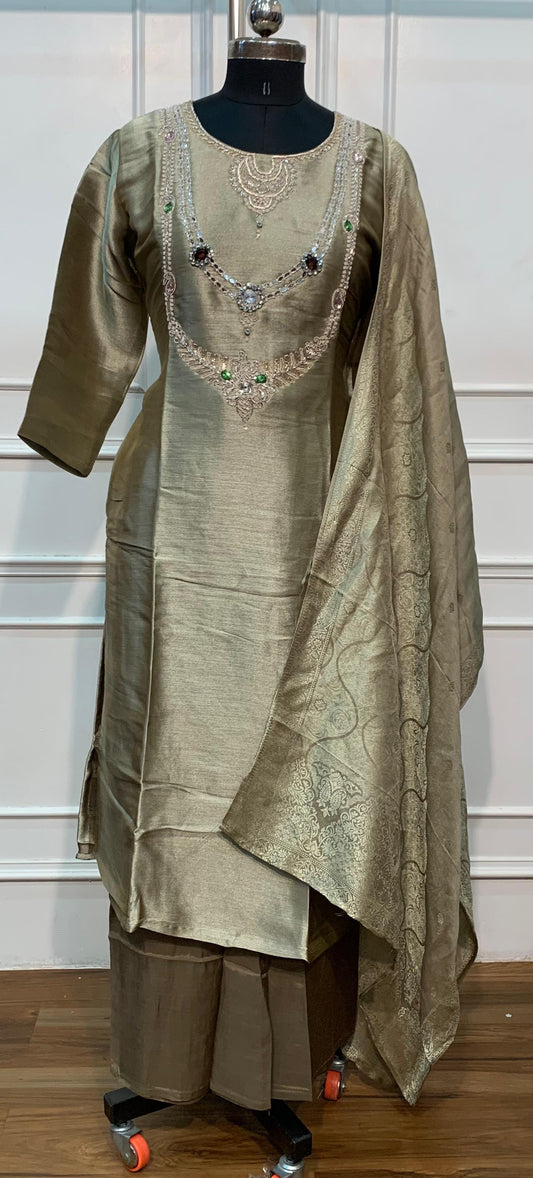 Olive Royale – Premium Benaras Straight Cut 3 Piece Suit Set (RT1699)