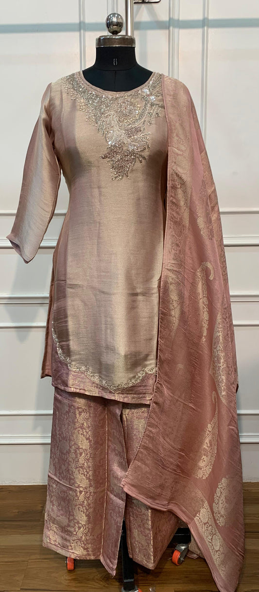 Mauve Royal Elegance – Premium Benaras Straight Cut 3 Piece Suit Set (RT1702)