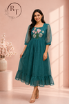 Teal Bloom Embroidered Kota Anarkali Dress(RT3011)