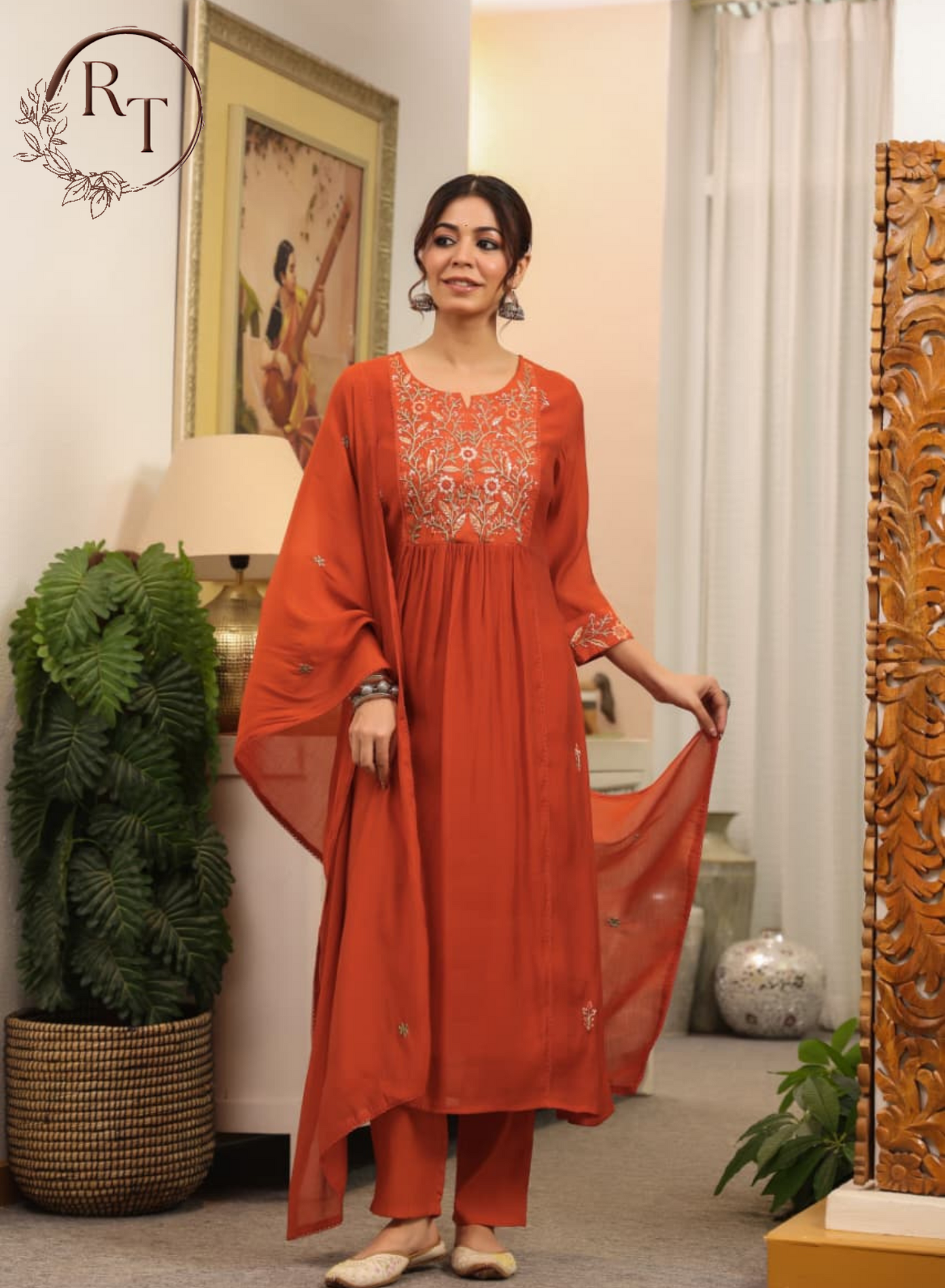 Mull Chanderi Embroidery 3pc Set With Heavy Floral Yoke