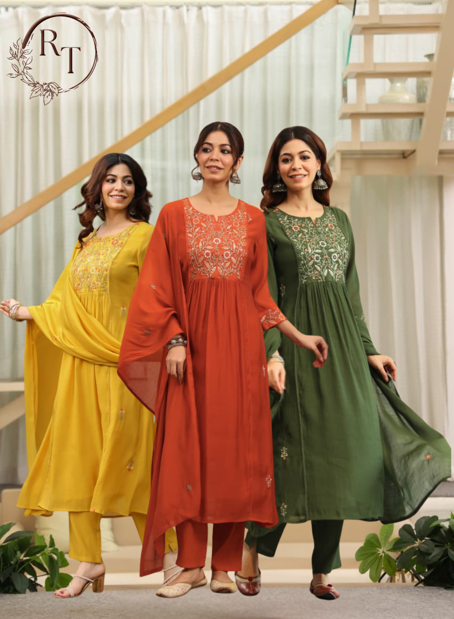 Mull Chanderi Embroidery 3pc Set With Heavy Floral Yoke