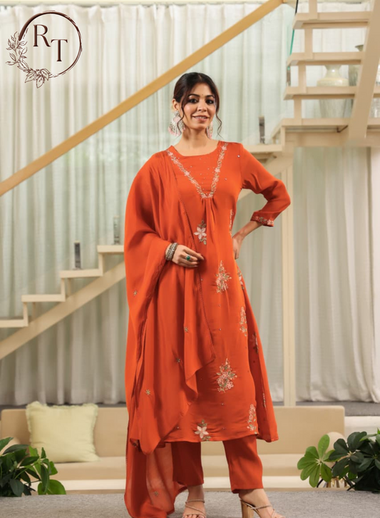 Mull Chanderi Embroidery 3pc Set With Vine Embroidery