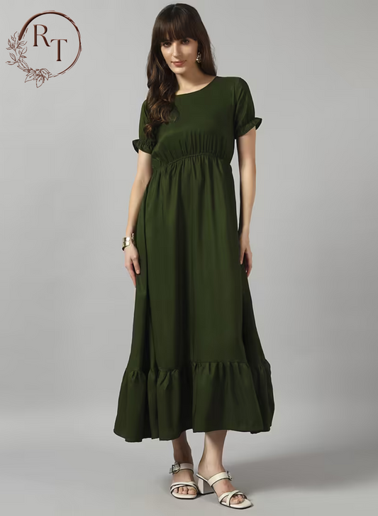 Solid Flared Long Frock with Gathered Waist Design