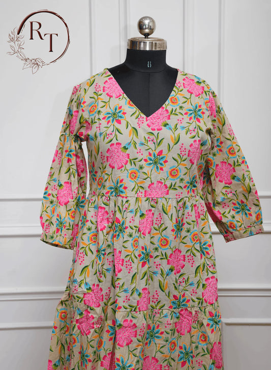 Cream Floral Cotton Kurti