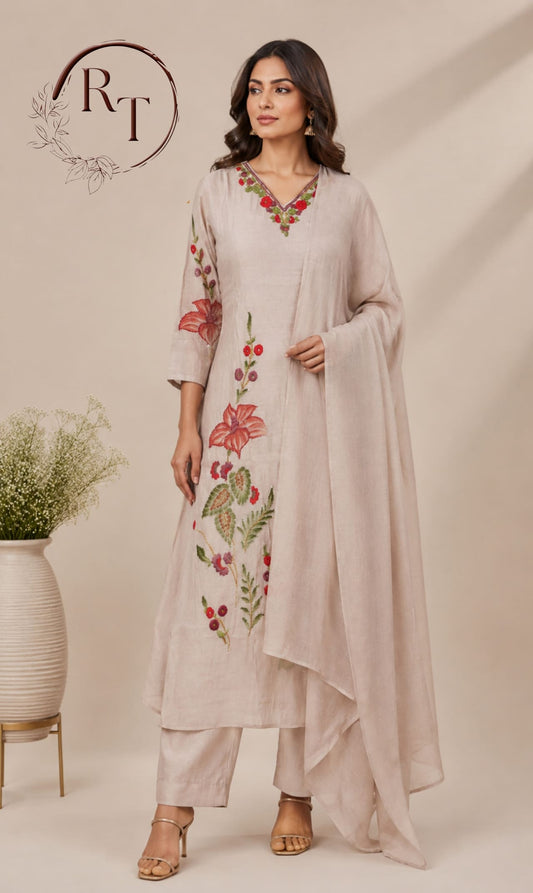 Elegant Dusty Pink Floral Mull Chanderi Kurta 3pcSet (RT 1012
