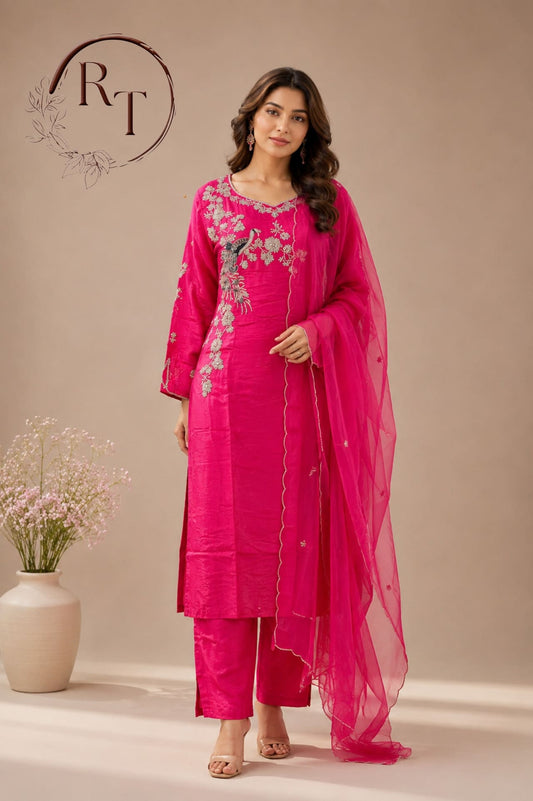 Royal Pink Embroidered Dolla Silk Kurta Pant Dupatta Set    (RT 1008)