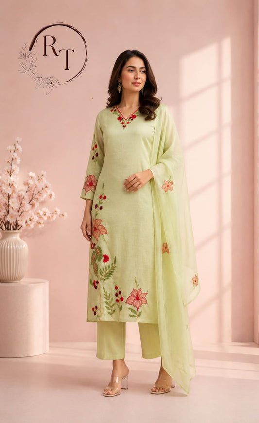 Pastel Lime Floral Mull Chanderi Kurta 3pc Set (RT 1011)