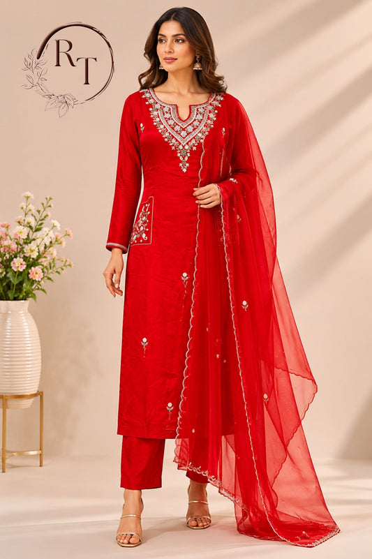 Ruby Red Premium Dolla Silk Ethnic Suit 3PC Set   (RT 1006)