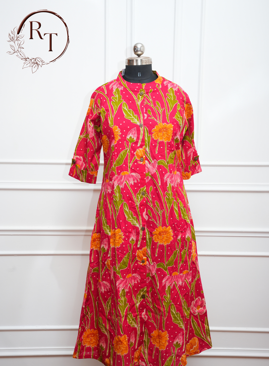 Pink Floral Cotton Long 2pc Kurti set