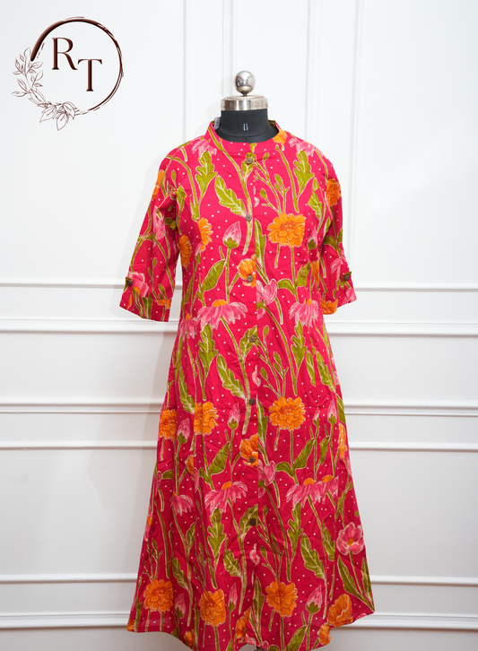 Pink Floral Cotton Long 2pc Kurti set