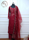 Maroon Embroidered Straight Cut 3 Piece Set