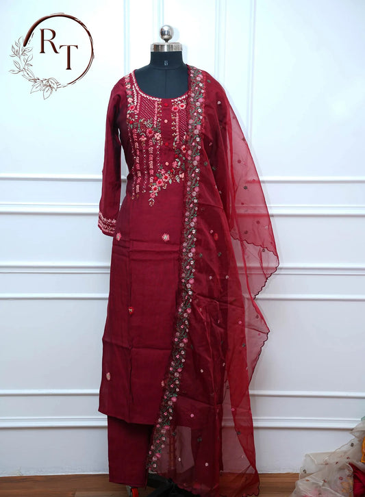 Maroon Embroidered Straight Cut 3 Piece Set