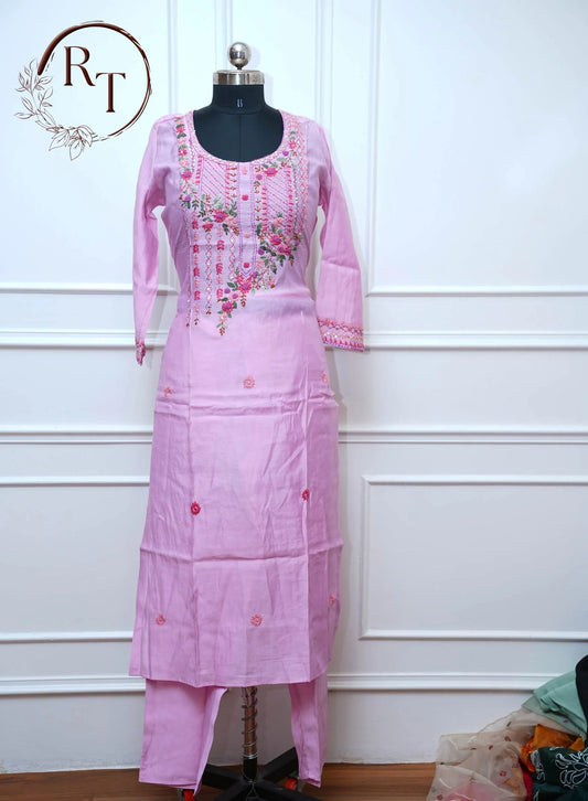 Baby PinkEmbroidered Straight Cut 3 Piece Set