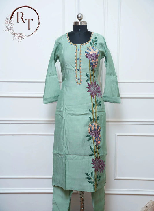 Sea Green Floral Straight Cut 3 Piece Set