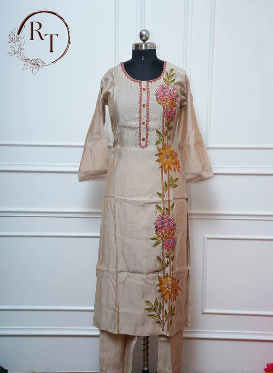 Beige Floral Straight Cut 3 Piece Set