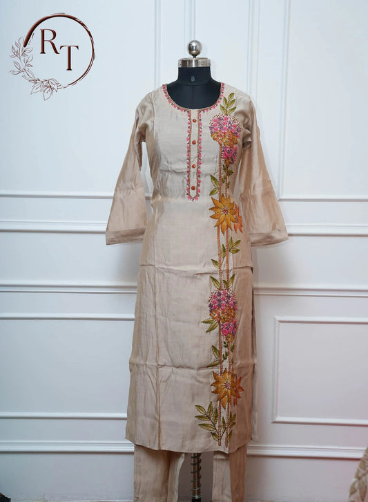 Beige Floral Straight Cut 3 Piece Set