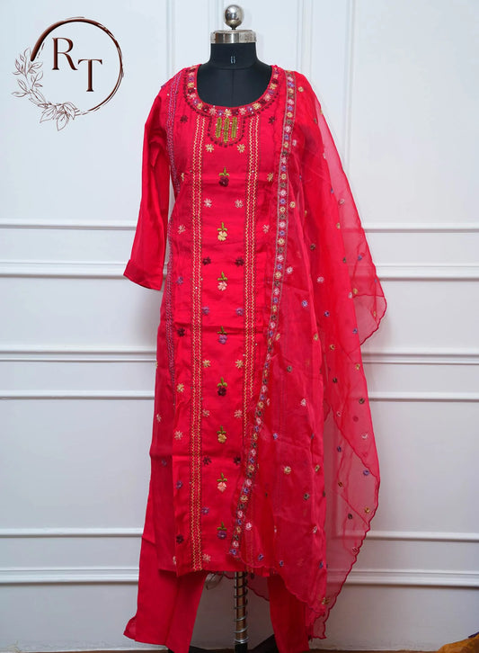 Red Embroidered Straight Cut 3 Piece Set