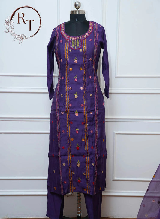 Purple Embroidered Straight Cut 3 Piece Set