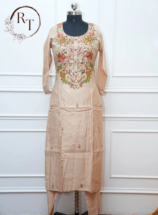 Beige Floral Embroidered Straight Cut 3 Piece Set