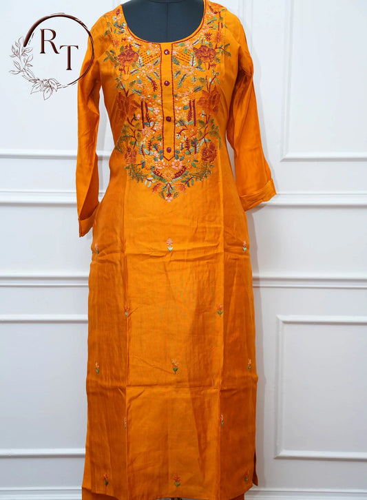 Mustard Orange Embroidered Straight Cut 3 Piece Set