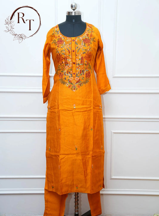 Mustard Orange Embroidered Straight Cut 3 Piece Set