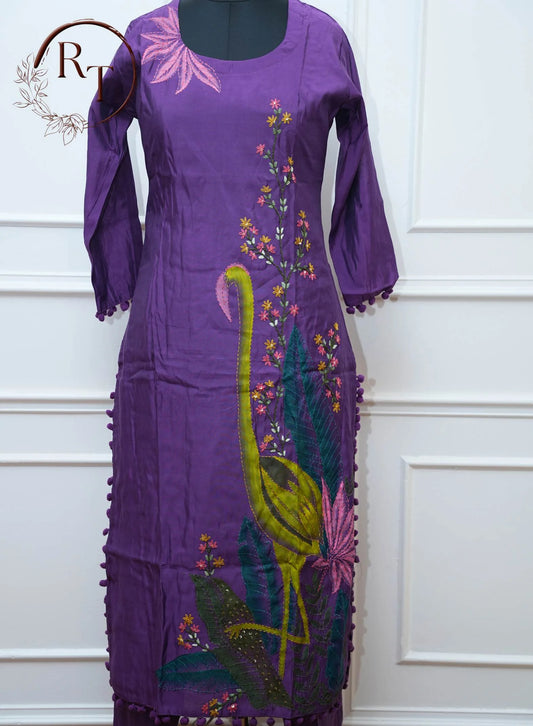 Purple Bird Print Straight Cut 3 Piece Set