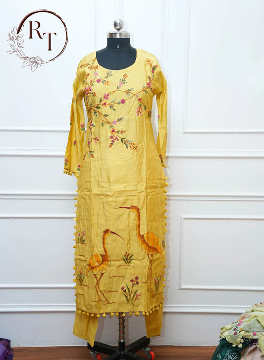 Yellow Bird Print Straight Cut 3 Piece Set