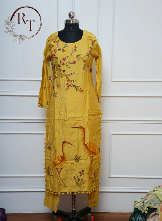 Yellow Bird Print Straight Cut 3 Piece Set