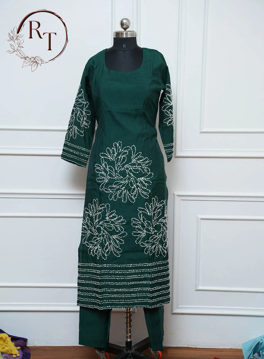 Dark Green Bandhani Print Straight Cut 3 Piece Set