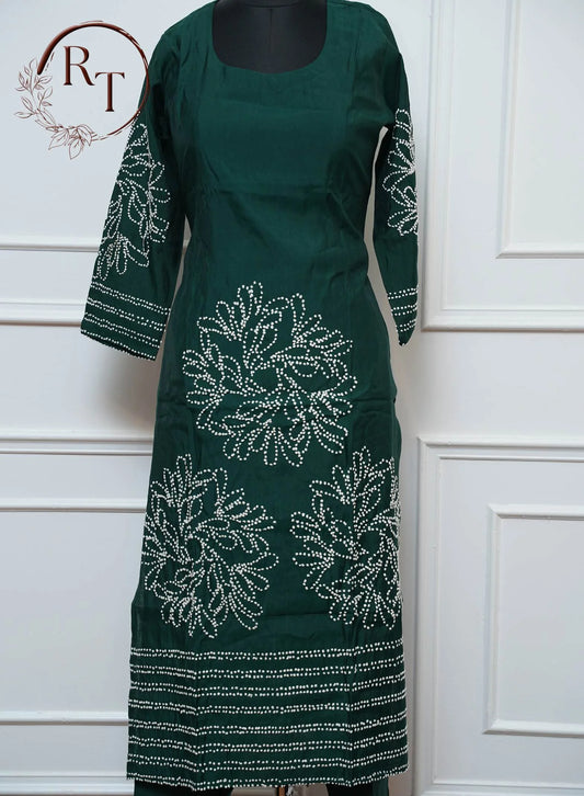 Dark Green Bandhani Print Straight Cut 3 Piece Set
