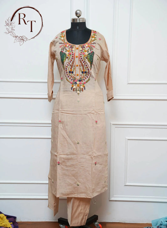 Beige Peacock Embroidered Straight Cut 3 Piece Set