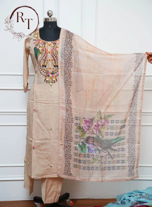 Beige Peacock Embroidered Straight Cut 3 Piece Set