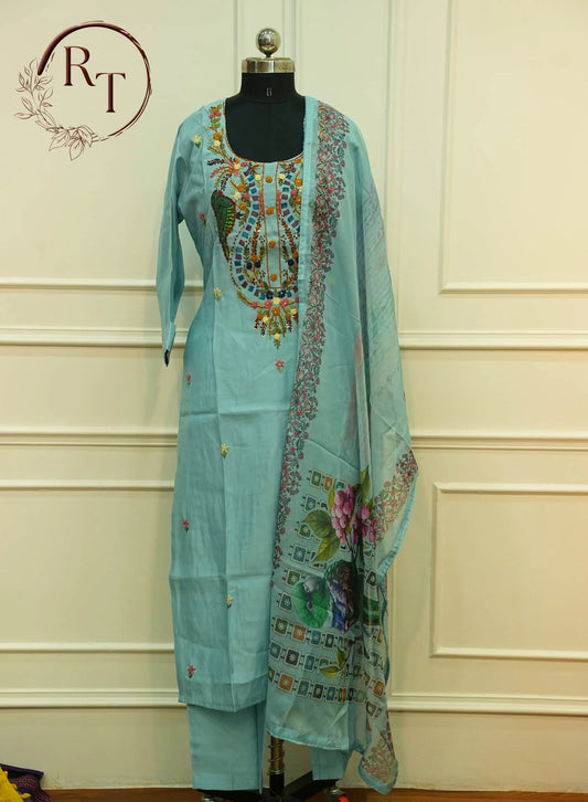 Sky Blue Embroidered Straight Cut 3 Piece Set