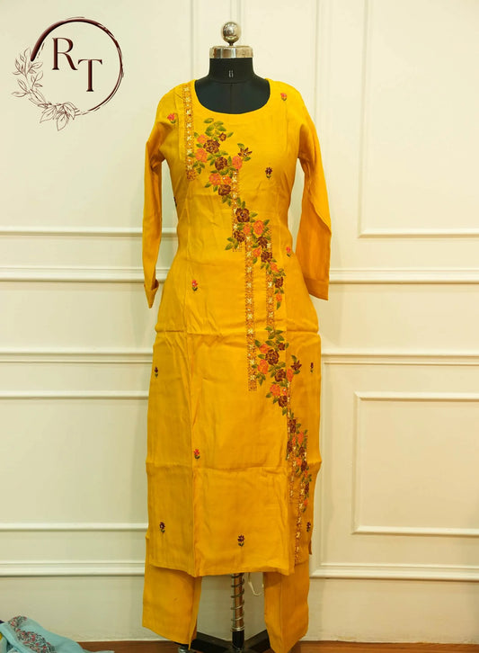 Mustard Yellow Floral Straight Cut 3 Piece Set