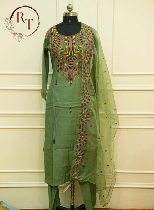 Olive Green Embroidered Straight Cut 3 Piece Set