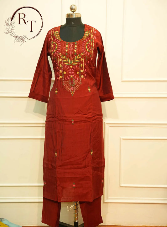 Maroon Embroidered Straight Cut 3 Piece Set