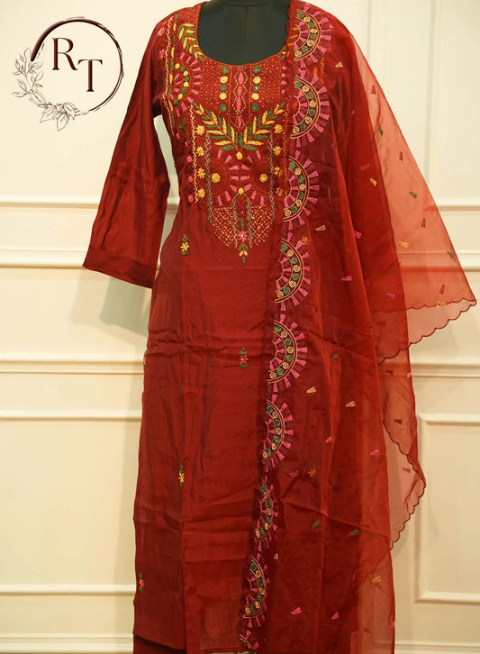 Maroon Embroidered Straight Cut 3 Piece Set