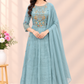 Aqua Bloom Floral Embroidered Poly Mull Chanderi A-Line Suit Set (RT1695)