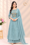 Aqua Bloom Floral Embroidered Poly Mull Chanderi A-Line Suit Set (RT1695)