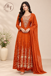 Burnt Orange Floral Chinon Anarkali Set (RT1565)